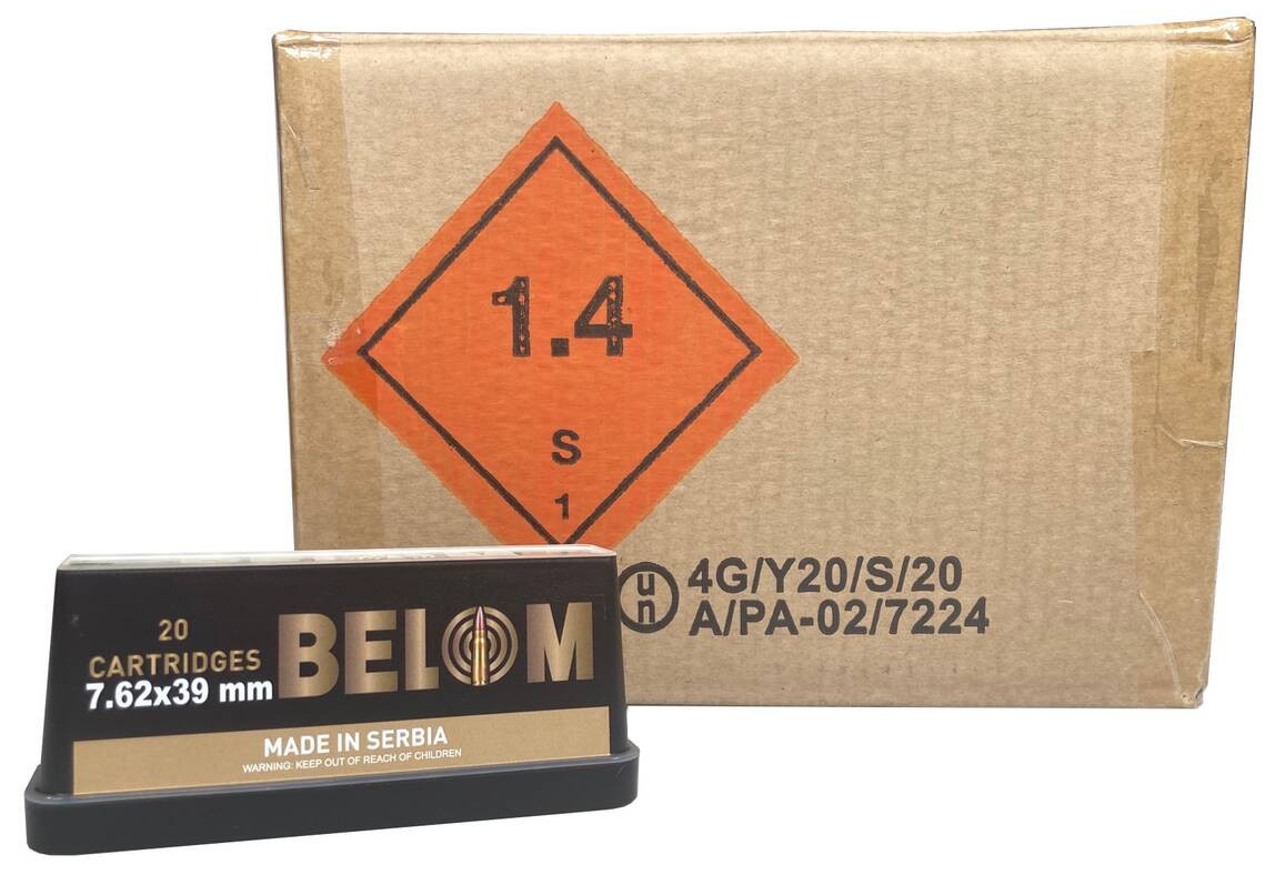 Belom 7.62x39mm ammunition box and shipping carton