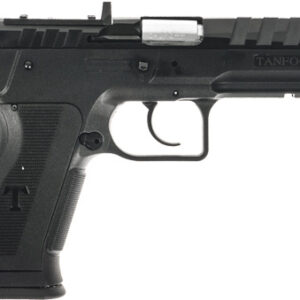 Black semi-automatic pistol on white background
