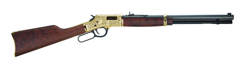 Engraved lever-action rifle with wooden stock