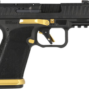 Black handgun with gold accents