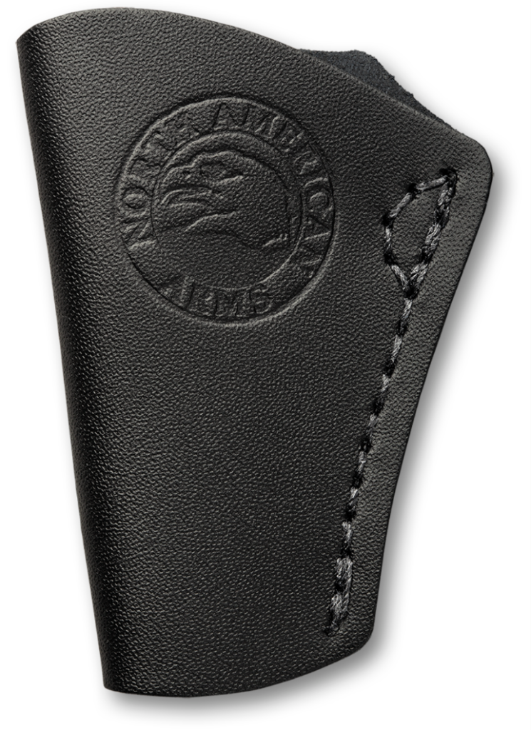 Black leather pistol holster with embossed logo