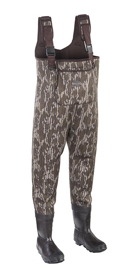 Camouflage chest waders with attached rubber boots