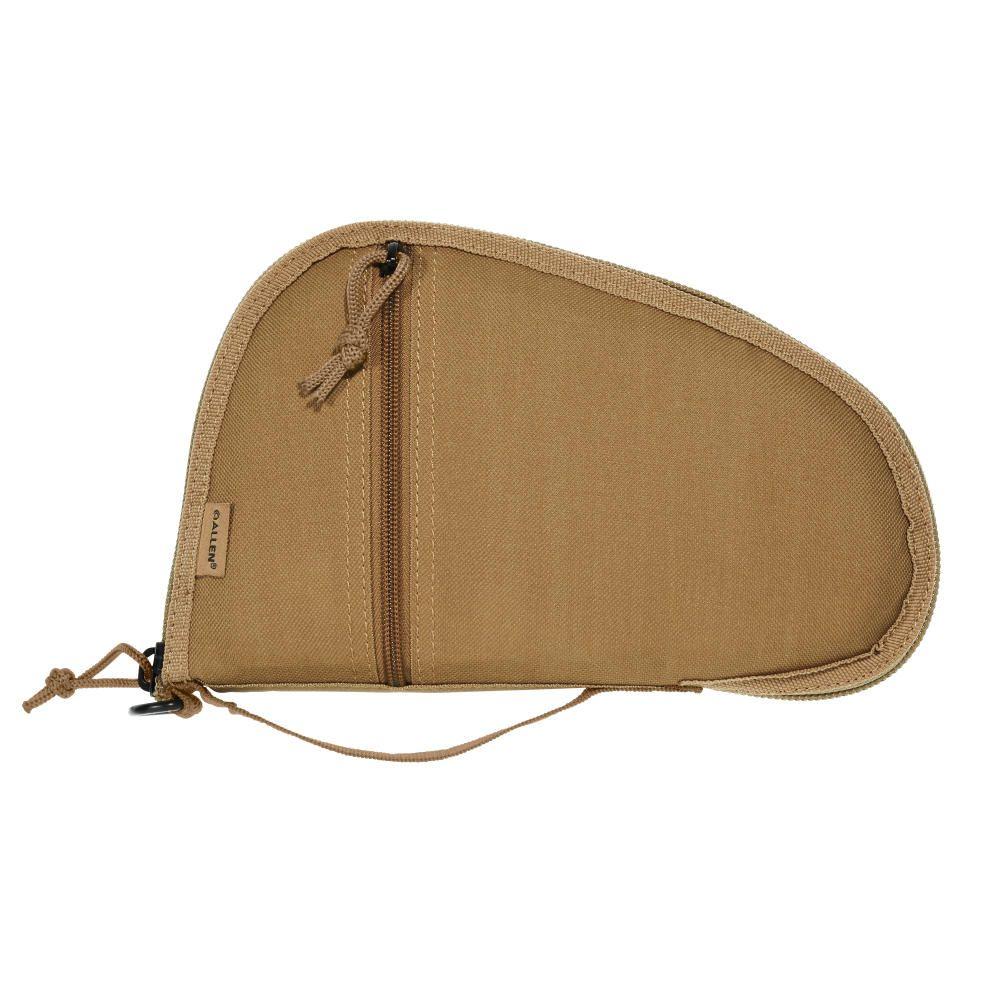 Tan zippered handgun case on white background