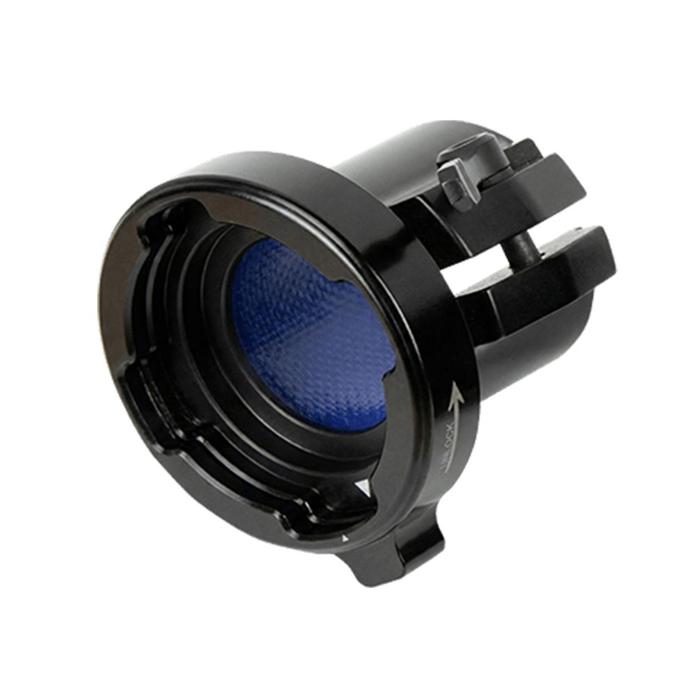 Black metal circular component with blue mesh insert