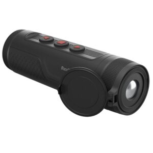 Black handheld thermal monocular with red buttons