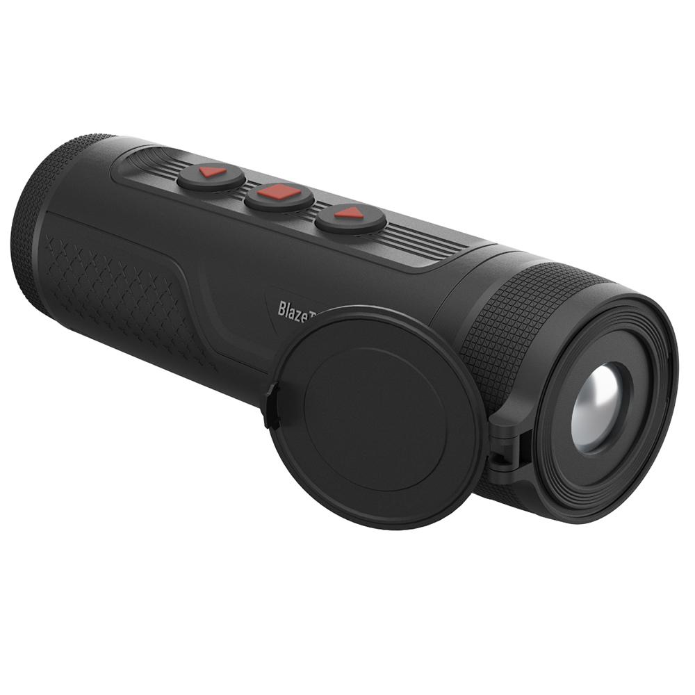Black handheld thermal monocular with red buttons