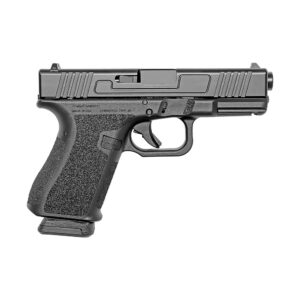 Black semi-automatic handgun on white background