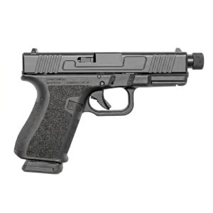 Black semi-automatic pistol with threaded barrel