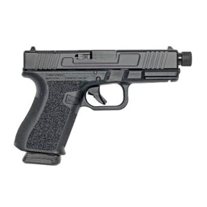Black semi-automatic handgun on white background