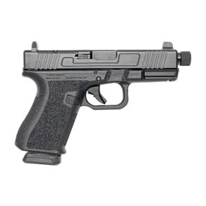 Black semi-automatic handgun on white background