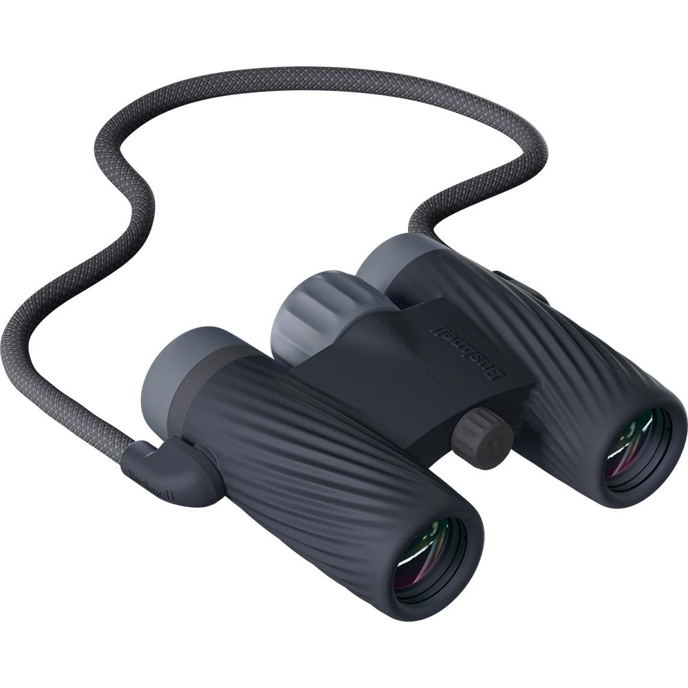 Compact dark gray binoculars with neck strap