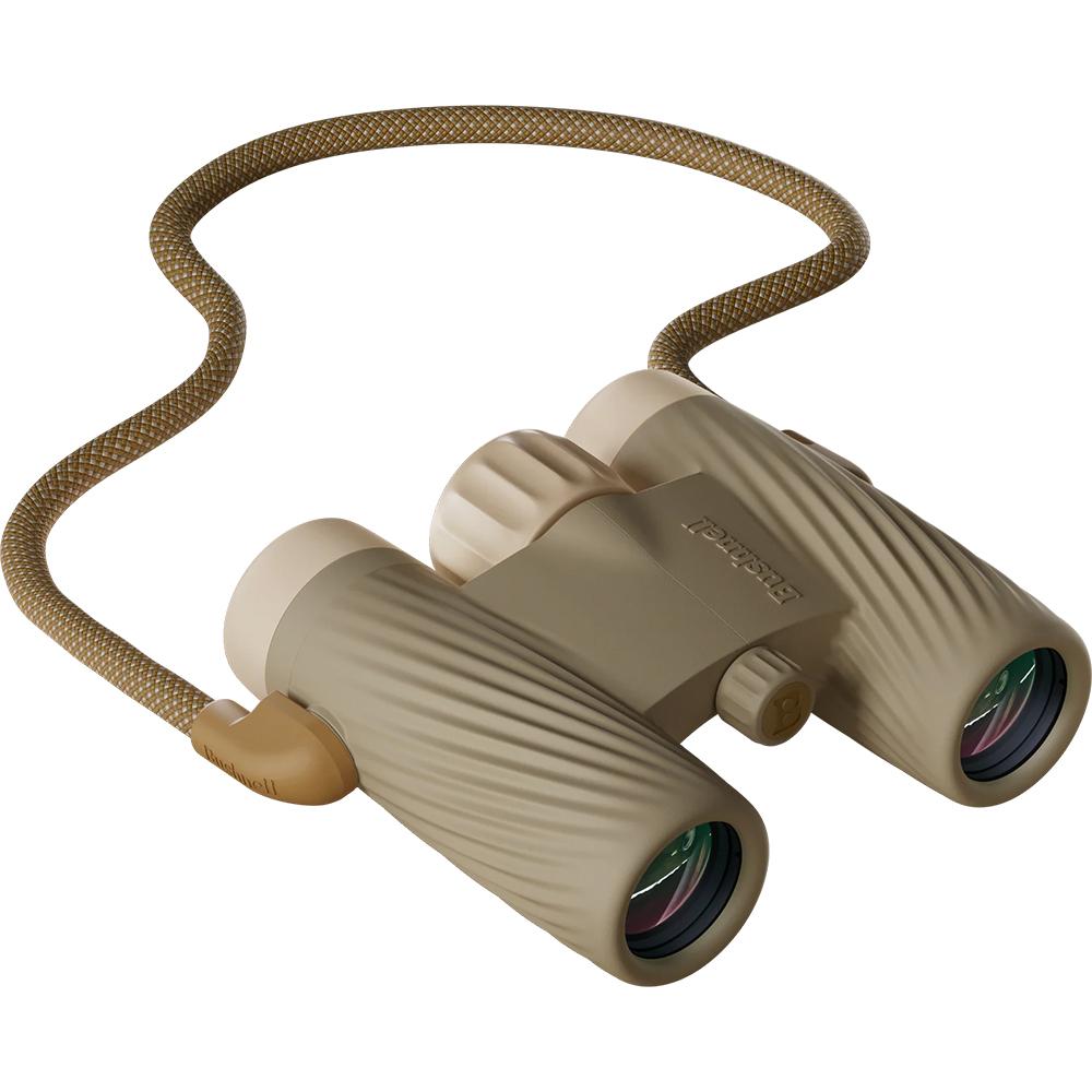 Compact beige binoculars with braided neck strap