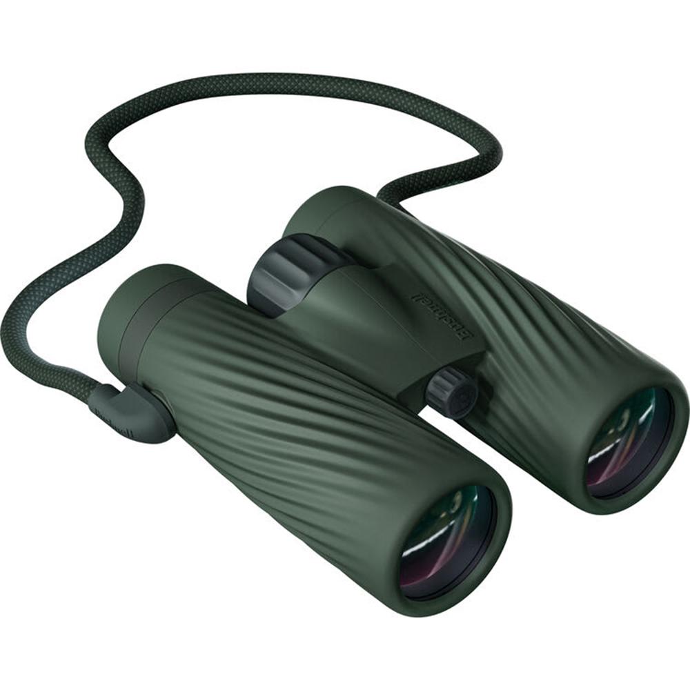 Green binoculars with strap on white background