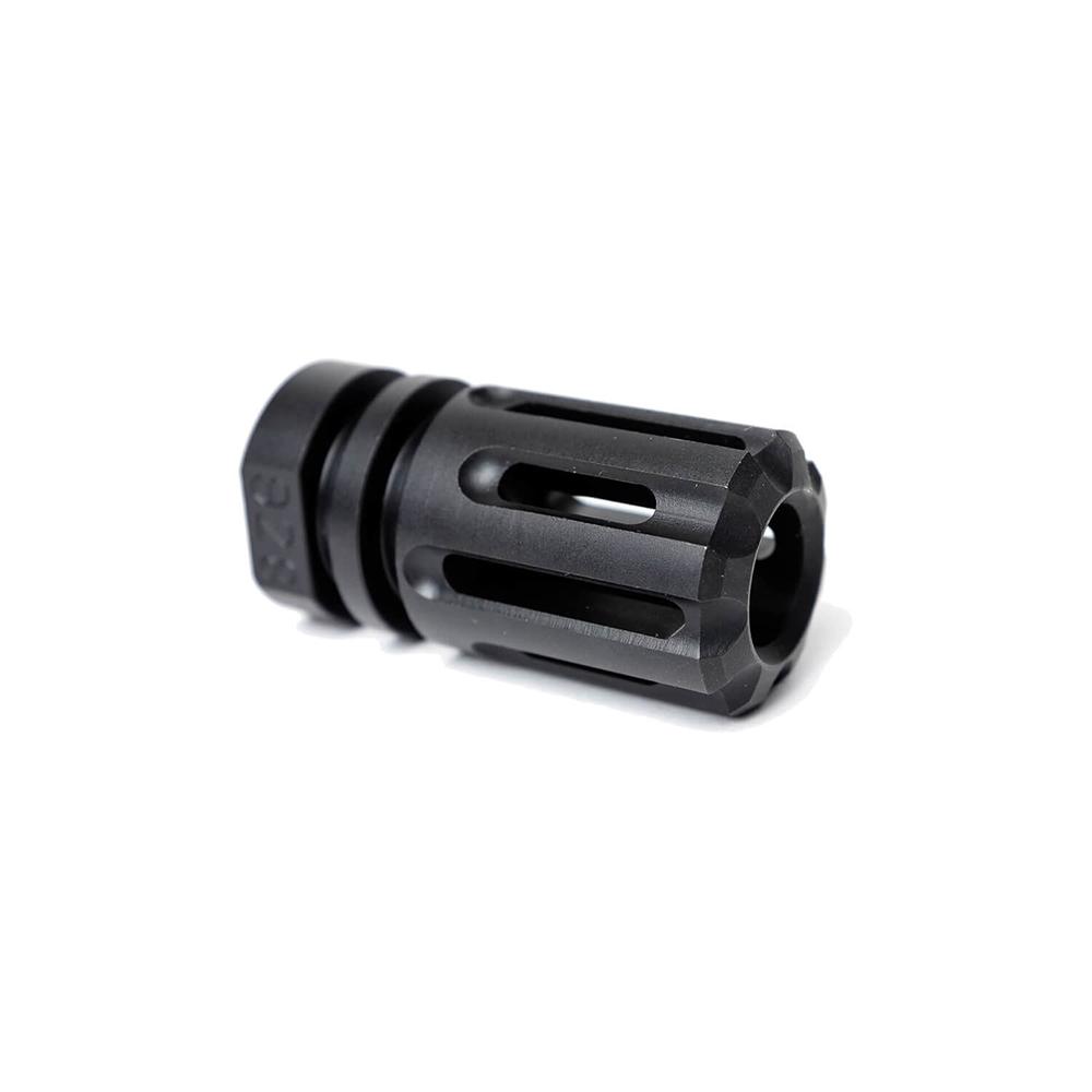 Black metal rifle flash hider on white background
