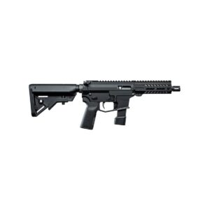 Black AR-style rifle on white background