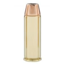 Brass handgun cartridge with copper bullet tip