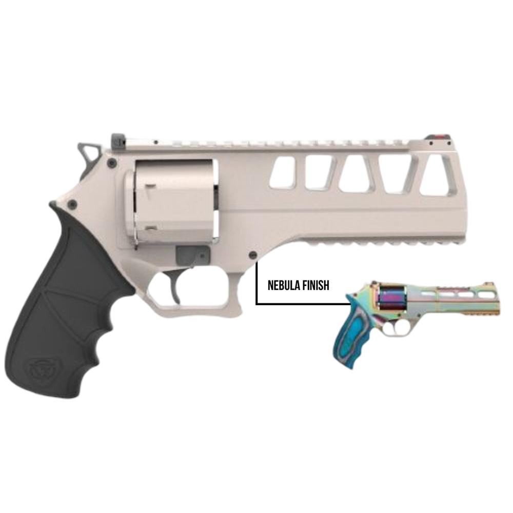 Tan revolver handgun with black grip