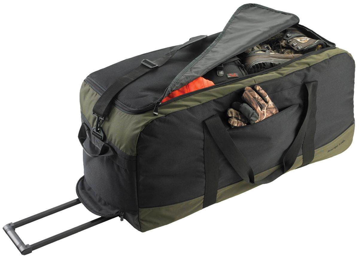 Large wheeled duffel bag with gear inside