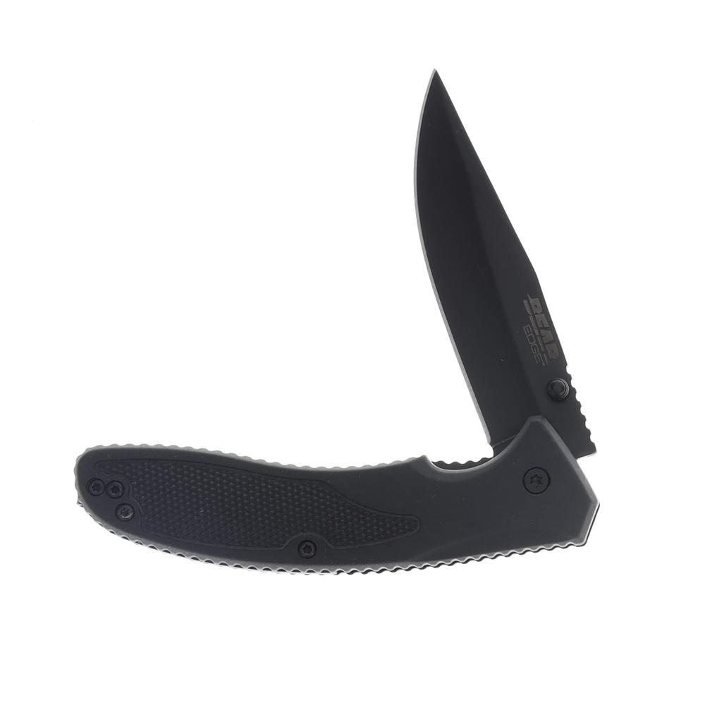 Black folding pocket knife on white background