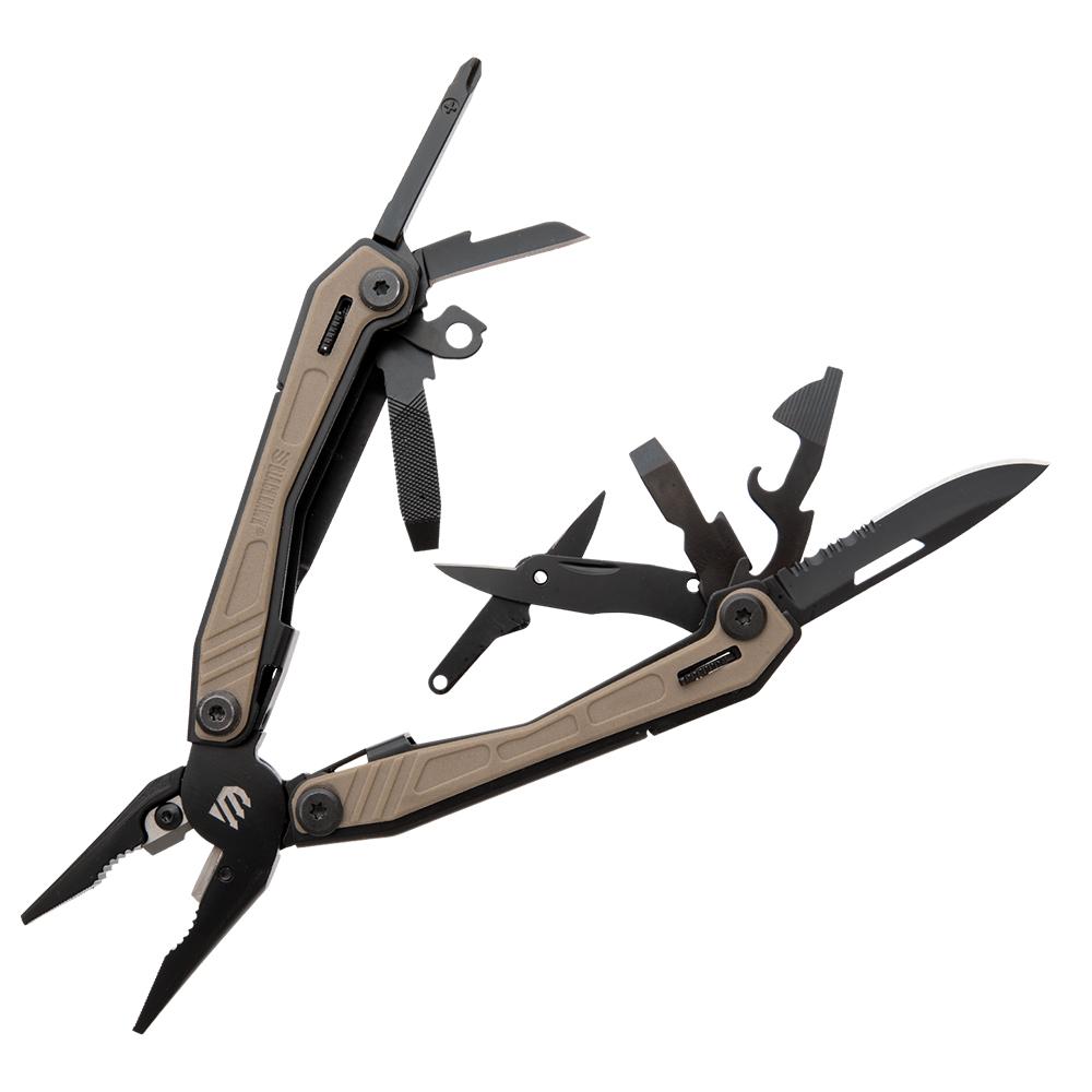 Open multi-tool with pliers and knife blades