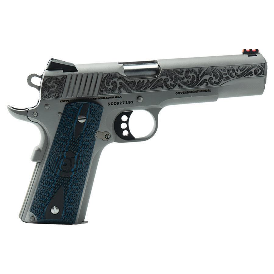 Engraved silver handgun with blue textured grip