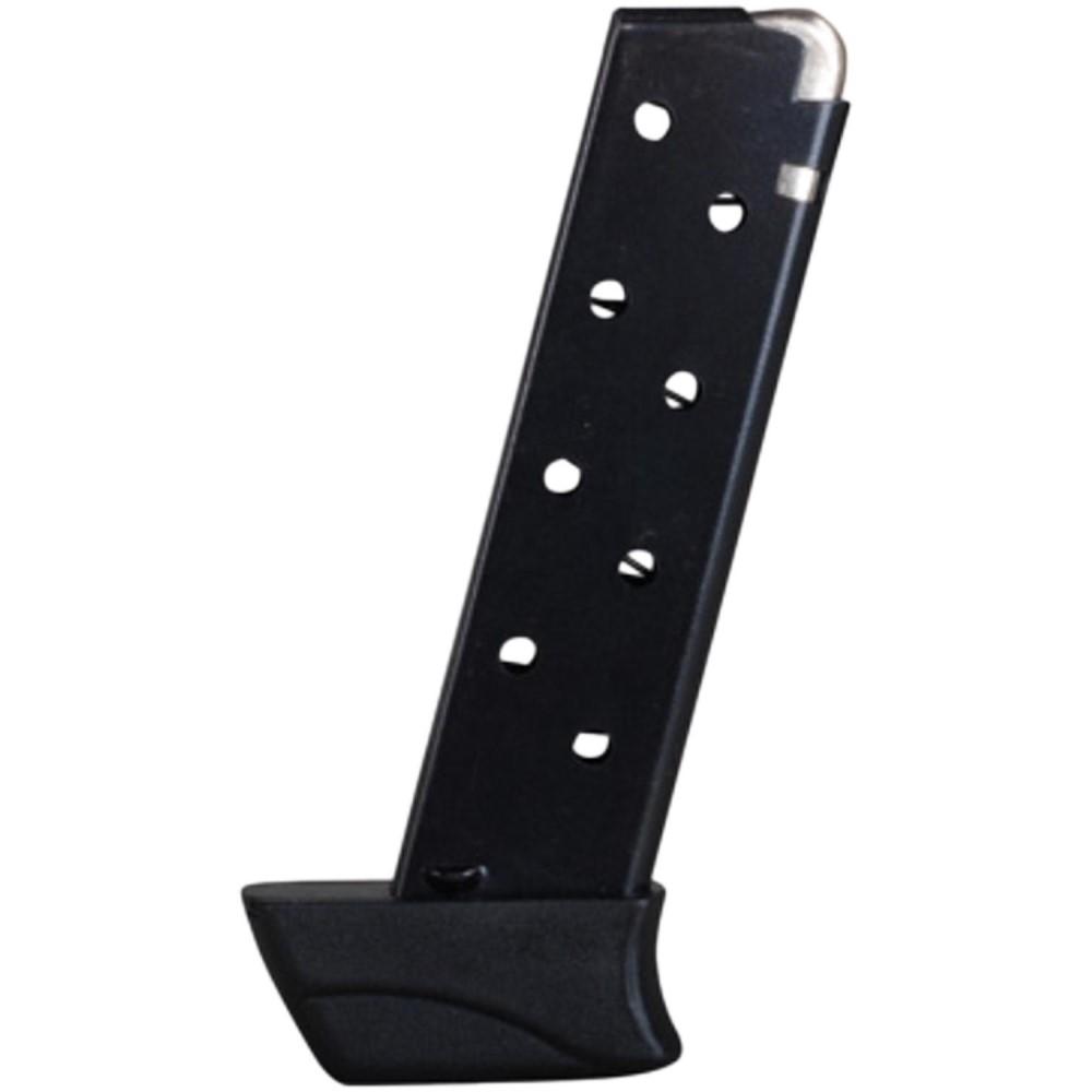 Black handgun magazine with metal base plate
