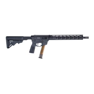 Black semi-automatic rifle with extended handguard