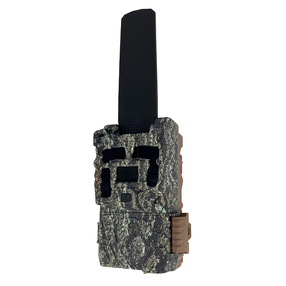 Camouflage trail camera with tall black antenna
