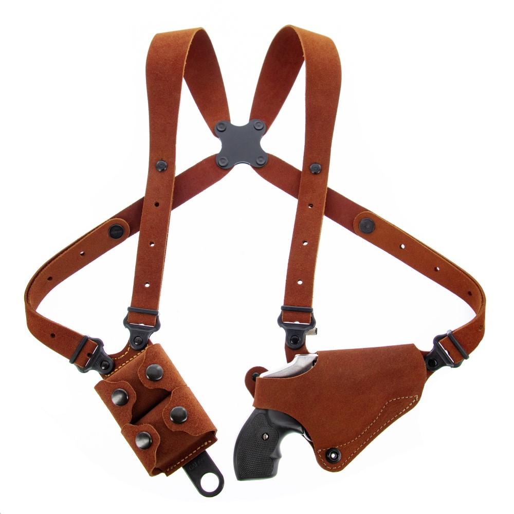 Brown leather shoulder holster with revolver