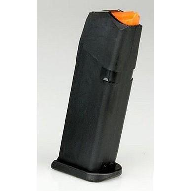 Black handgun magazine with orange follower