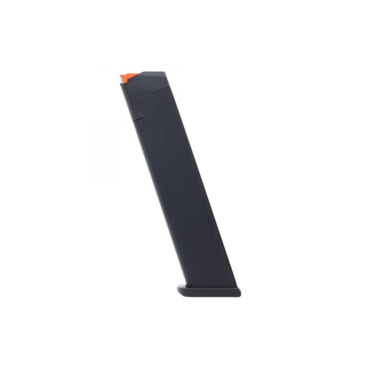 Black handgun magazine with orange follower on white