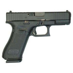 Black Glock semi-automatic pistol on white background