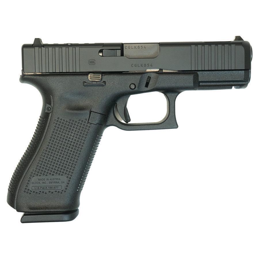 Black Glock semi-automatic pistol on white background