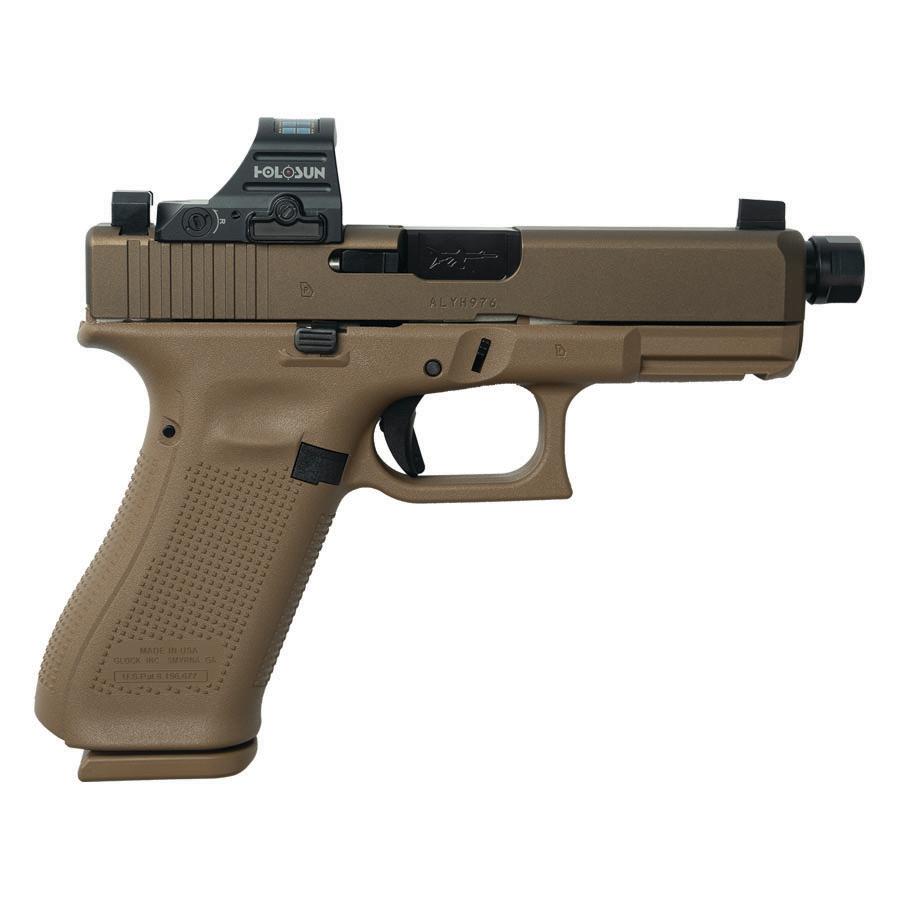 Tan Glock pistol with red dot sight