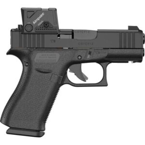 Black semi-automatic pistol with mounted red dot sight