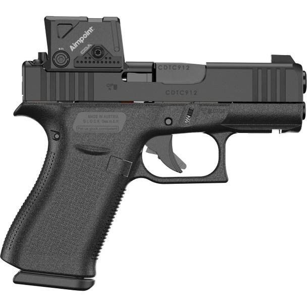 Black semi-automatic pistol with mounted red dot sight