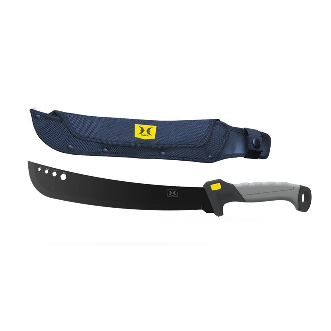 Black machete with sheath on white background