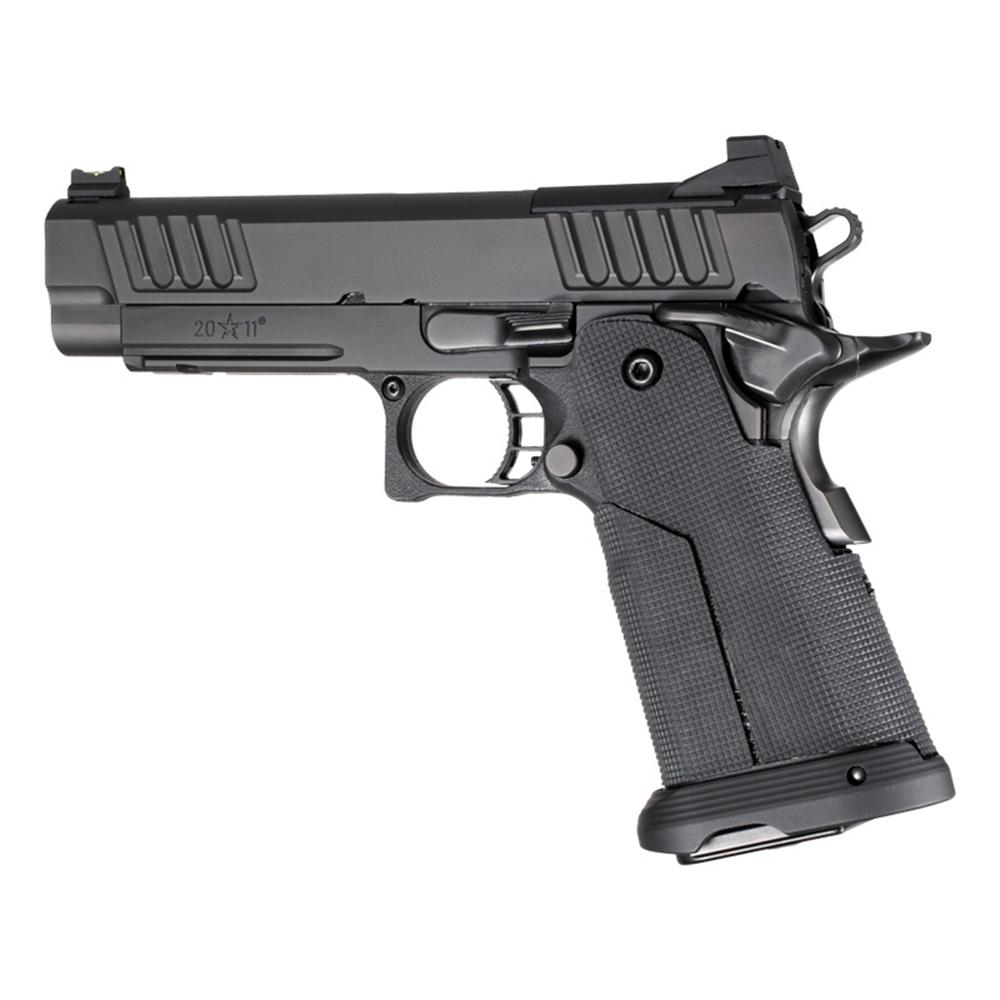 Black semi-automatic handgun on white background