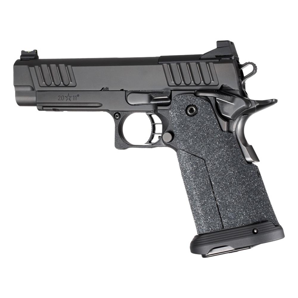 Black semi-automatic pistol on white background