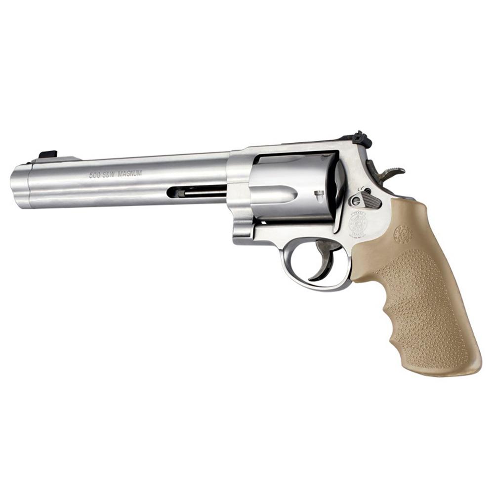 Stainless steel .500 Magnum revolver with tan grip