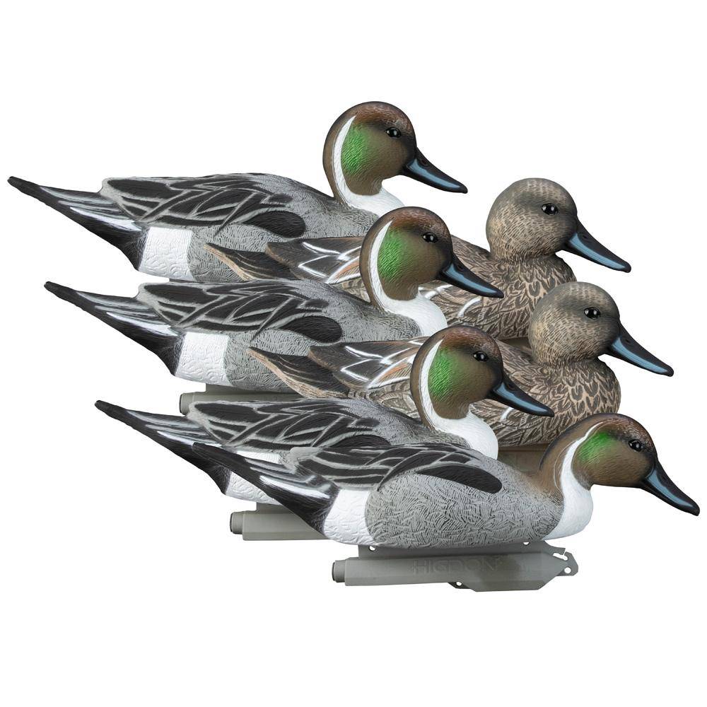 Six realistic duck decoys in two rows