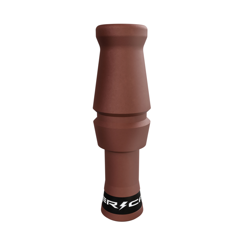 Brown wooden duck call with ERock logo