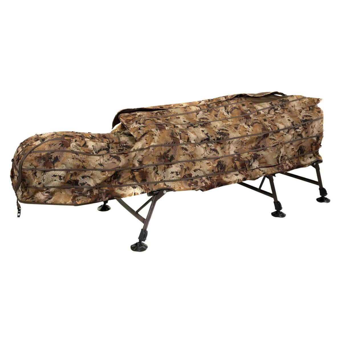 Camouflage rifle case on portable metal stand