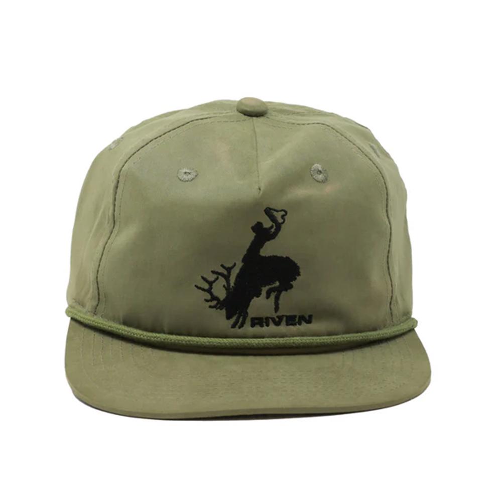 Olive green baseball cap with deer logo