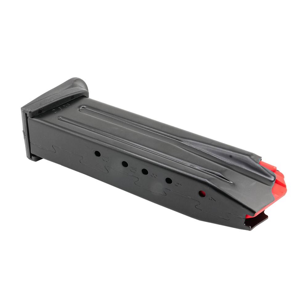 Black handgun magazine with red base plate