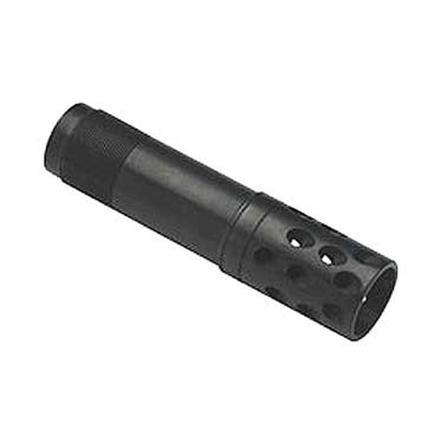 Black metal muzzle brake with side ports