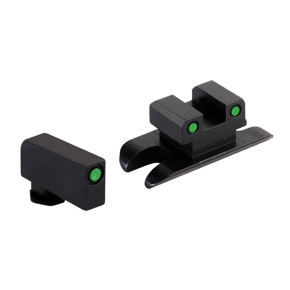 Black firearm iron sights with green dots
