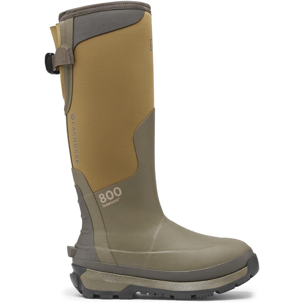 Insulated tall rubber hunting boot in olive and tan