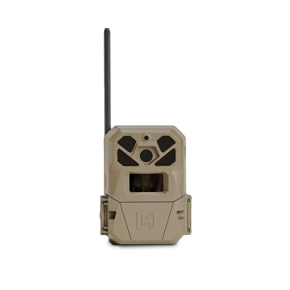 Beige trail camera with external antenna on white background