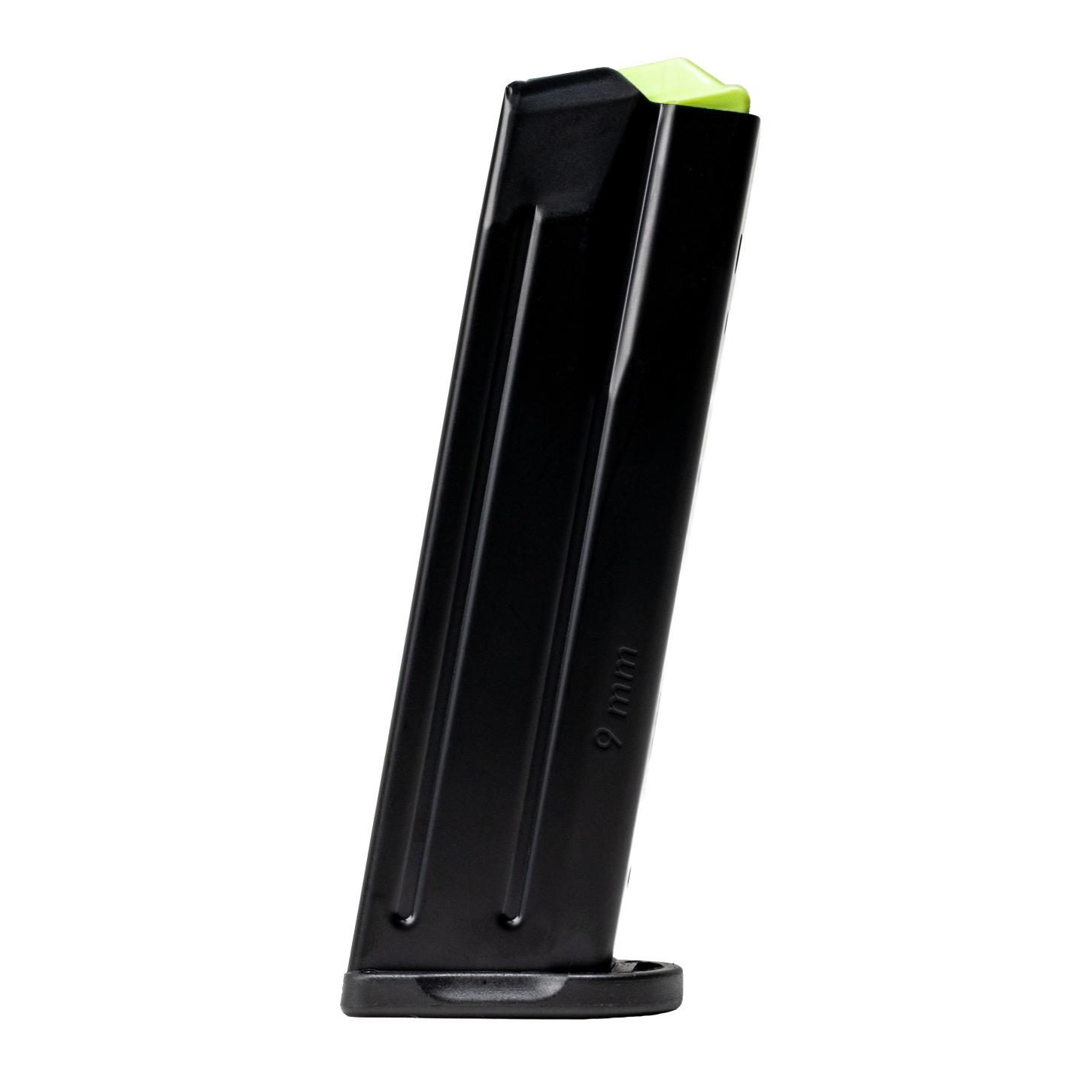Black 9mm handgun magazine with green follower